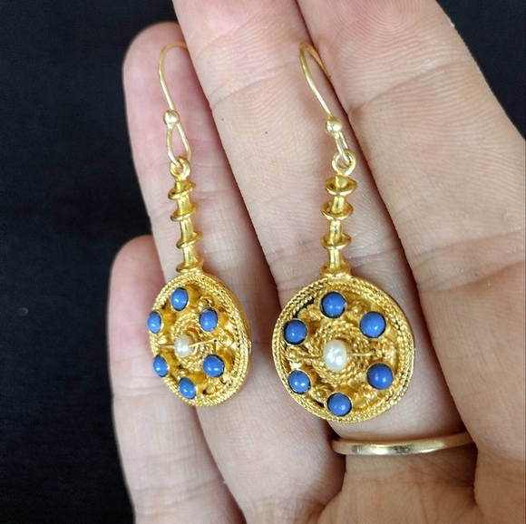 Jewelry - Elegant Gold and Blue Dangle Earrings